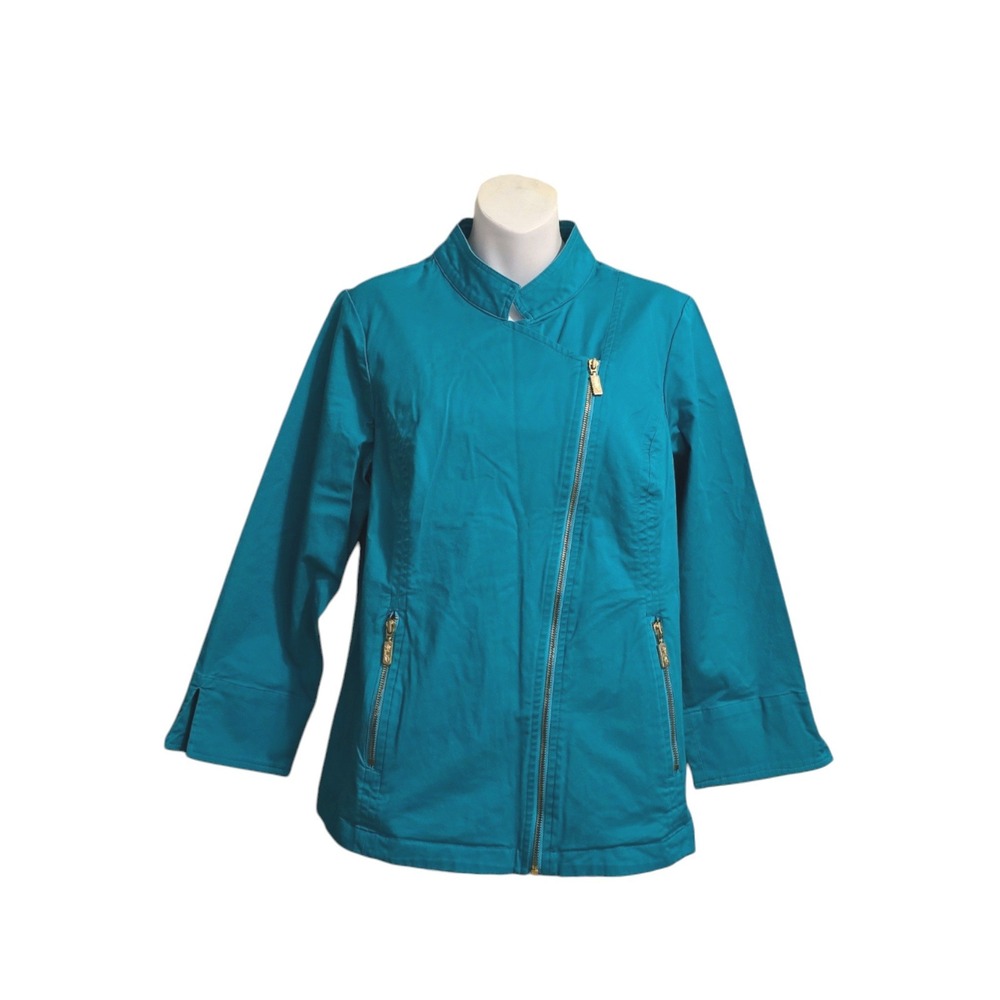 Bob Mackie Vintage Stand Collar Asymmetrical Zip Teal Jacket Sz L